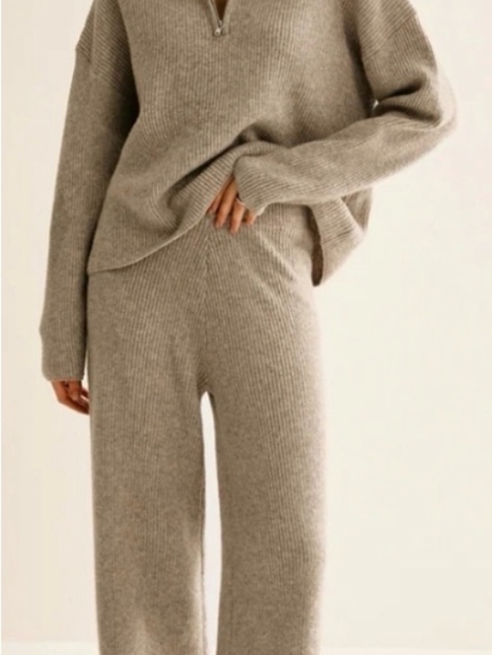 Commense Neutral Ribbed Knit Sweater Set - Beige